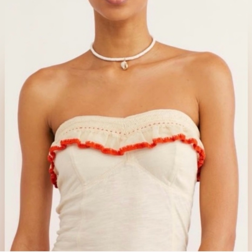 Free People Beige Strapless Tube Top With Beige & Red Crochet Trim Size Unknown